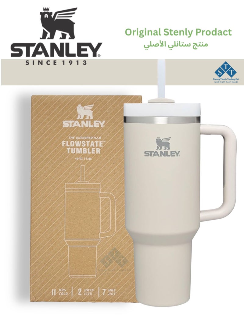 ستانلي كوب Quencher H2.0 FlowState المصنوع من الفولاذ المقاوم للصدأ معزول بالفراغ مع غطاء وقشة للماء والشاي المثلج أو القهوة والعصائر والمزيد (ناعم غير لامع / DUNE) 40 أونصة جديد - Image 1